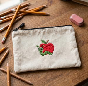 Apple With Worm Machine Embroidery Design embroidered on a pouch