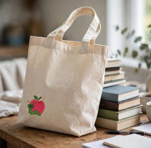 Apple With Worm Machine Embroidery Design embroidered on a tote bag