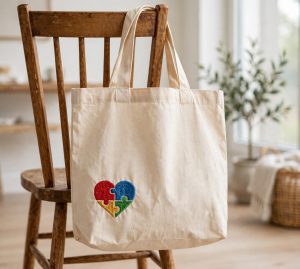 Puzzle Heart Machine Embroidery Design embroidered on a tote bag