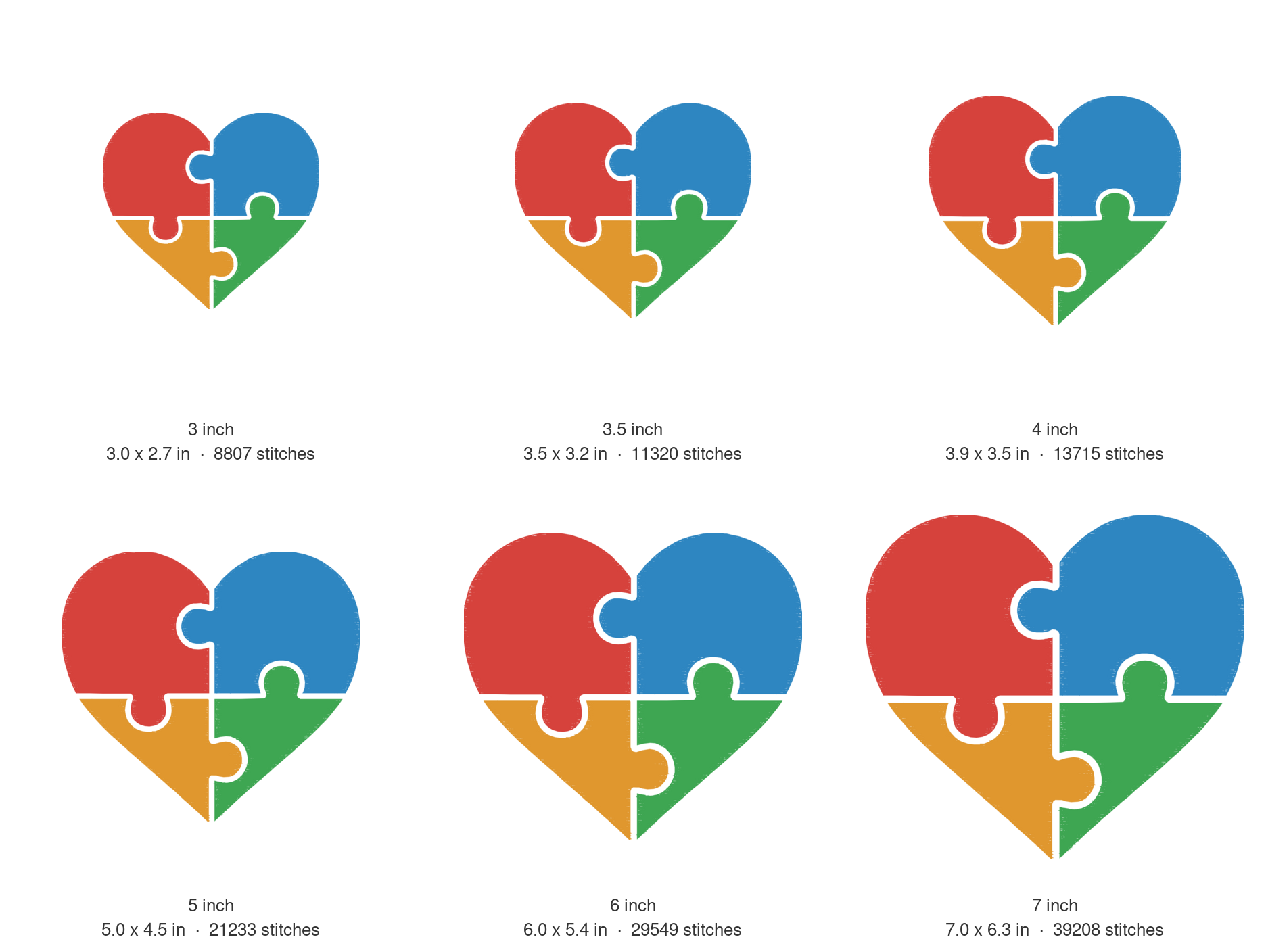 Puzzle Heart Machine Embroidery Design — size guide