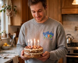 Birthday Boy Balloons Machine Embroidery Design embroidered on a hoodie