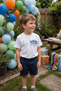 Birthday Boy Balloons Machine Embroidery Design embroidered on a t-shirt
