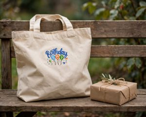 Birthday Boy Balloons Machine Embroidery Design embroidered on a tote bag