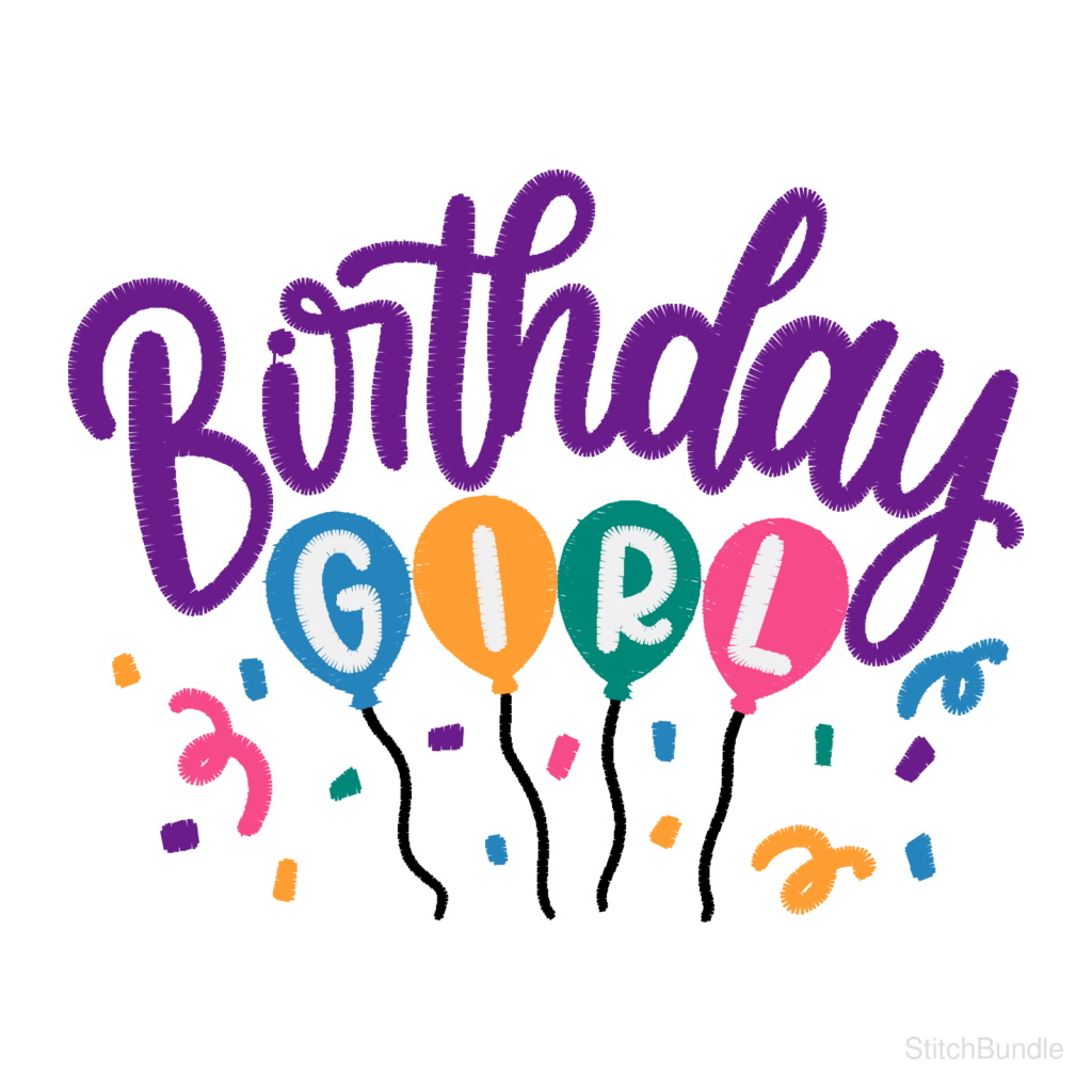Birthday Girl Balloons Machine Embroidery Design — design preview