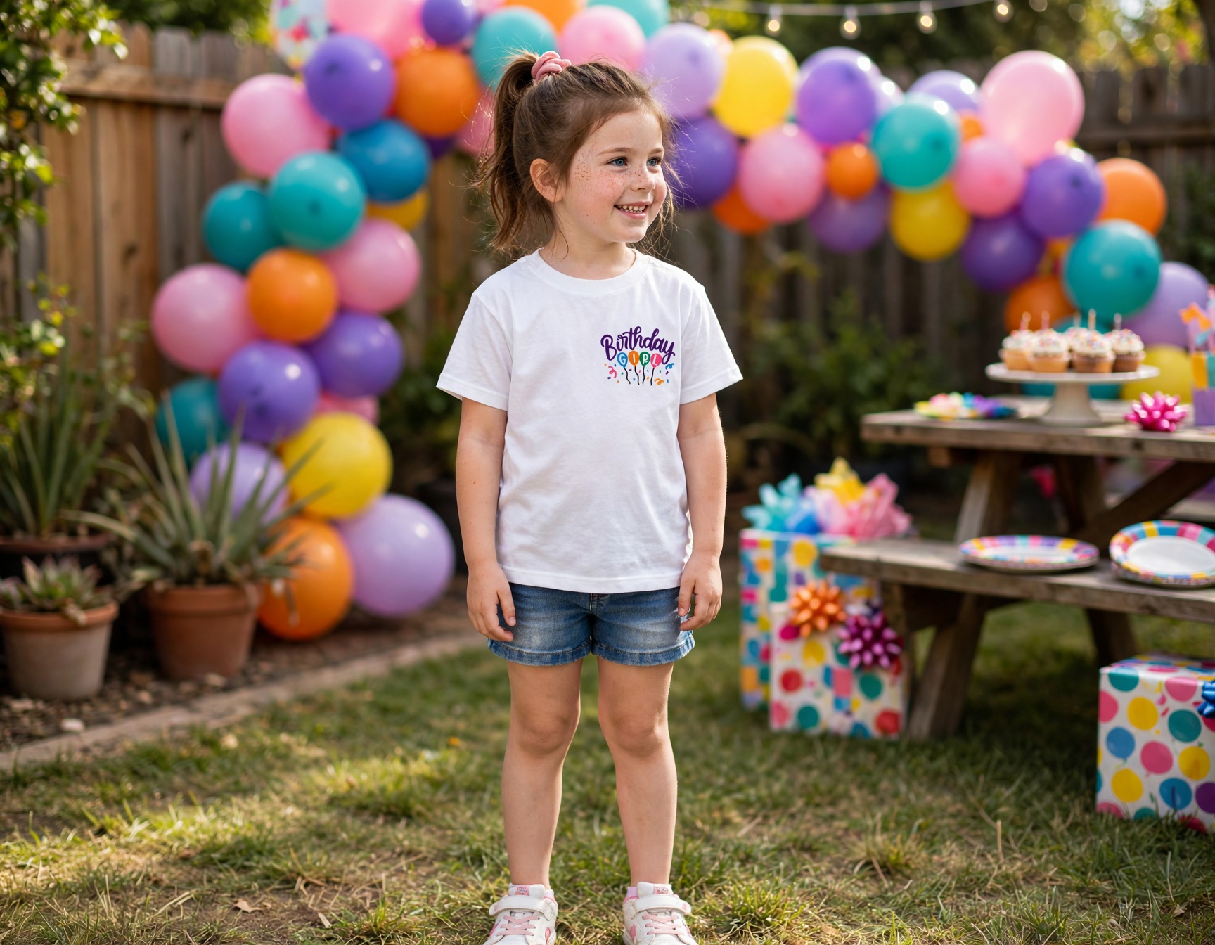 Birthday Girl Balloons Machine Embroidery Design embroidered on a t-shirt