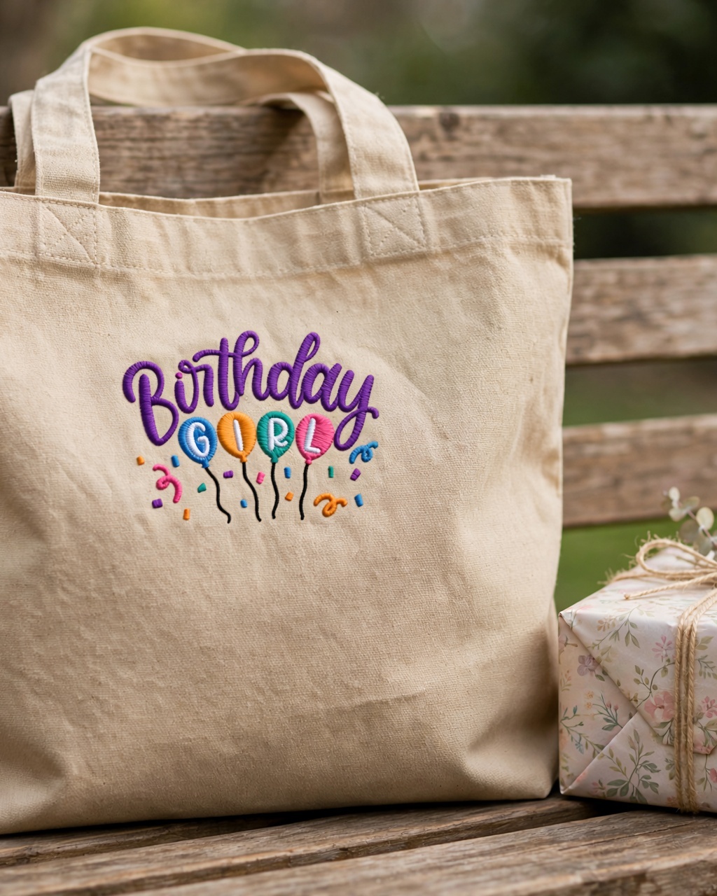 Birthday Girl Balloons Machine Embroidery Design embroidered on a tote bag
