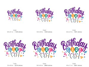 Birthday Girl Balloons Machine Embroidery Design — size guide