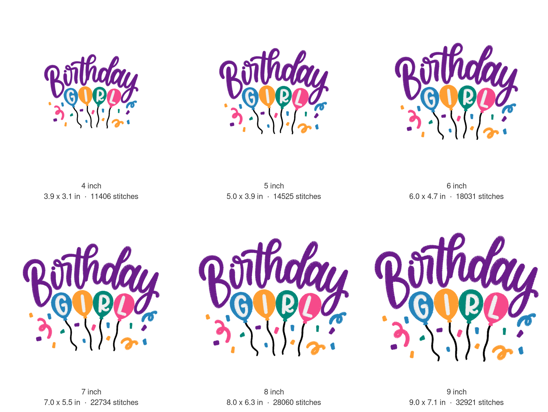 Birthday Girl Balloons Machine Embroidery Design — size guide