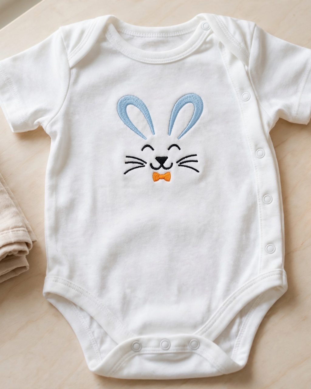 Boy Bunny Face Machine Embroidery Design embroidered on a baby onesie