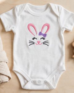 Girl Bunny Face Machine Embroidery Design embroidered on a baby onesie