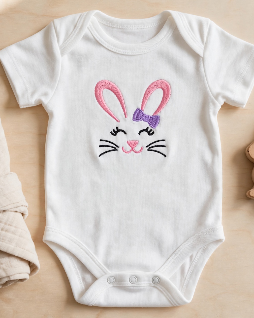 Girl Bunny Face Machine Embroidery Design embroidered on a baby onesie