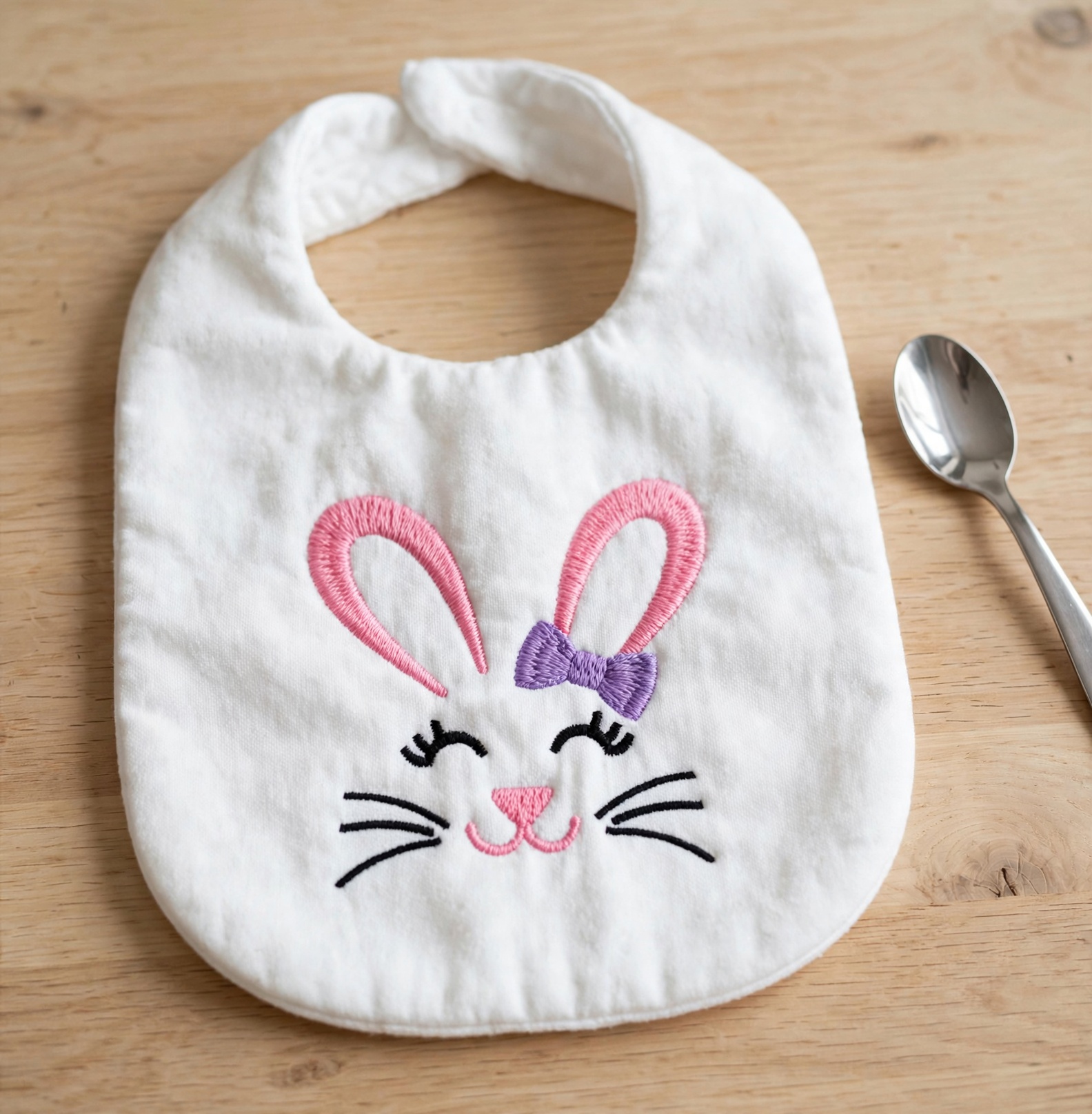 Girl Bunny Face Machine Embroidery Design embroidered on a bib