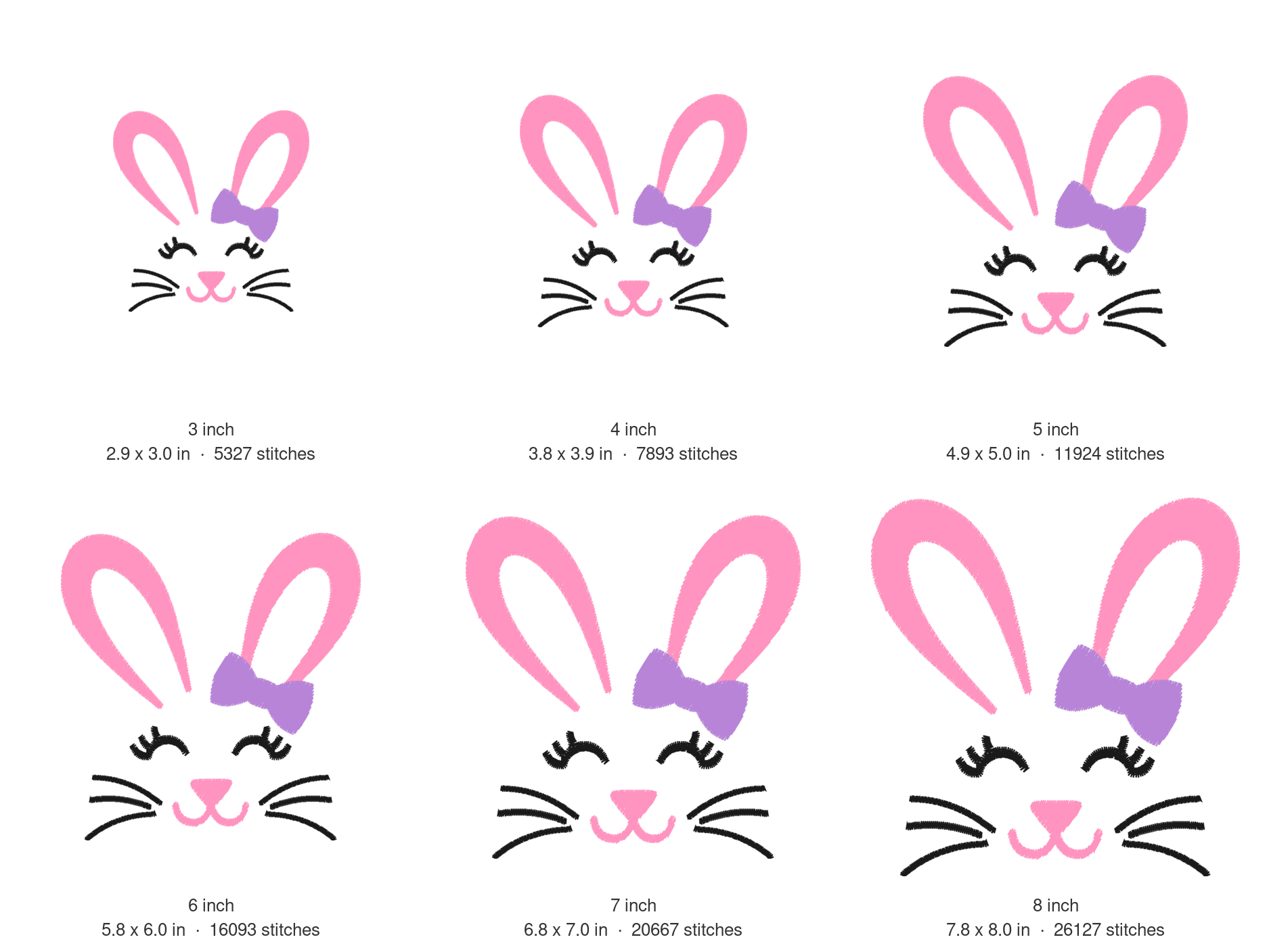 Girl Bunny Face Machine Embroidery Design — size guide