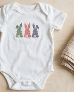 Bunny Trio Machine Embroidery Design embroidered on a baby onesie