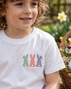 Bunny Trio Machine Embroidery Design embroidered on a t-shirt