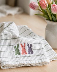 Bunny Trio Machine Embroidery Design embroidered on a towel
