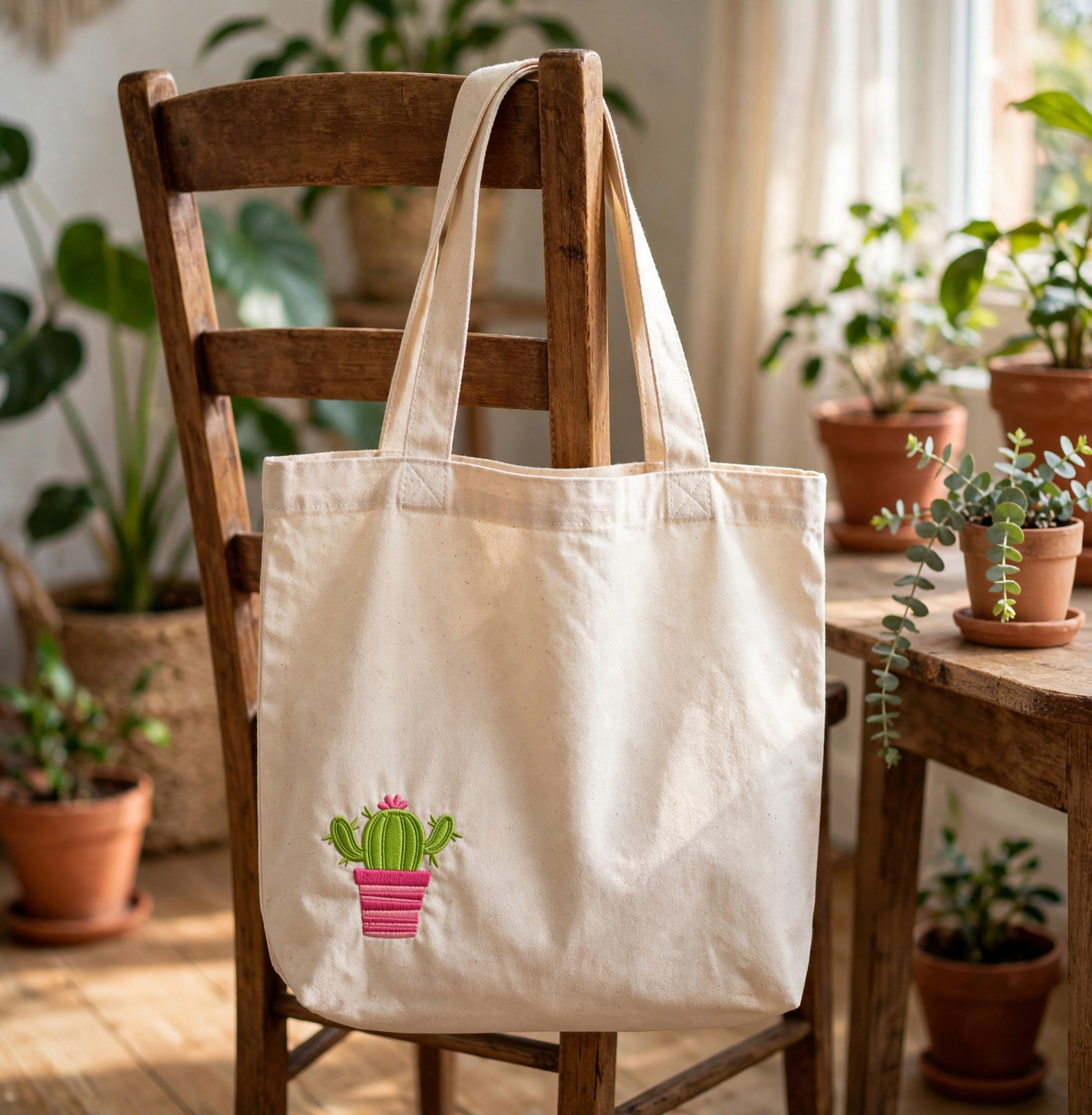 Cactus Machine Embroidery Design embroidered on a tote bag