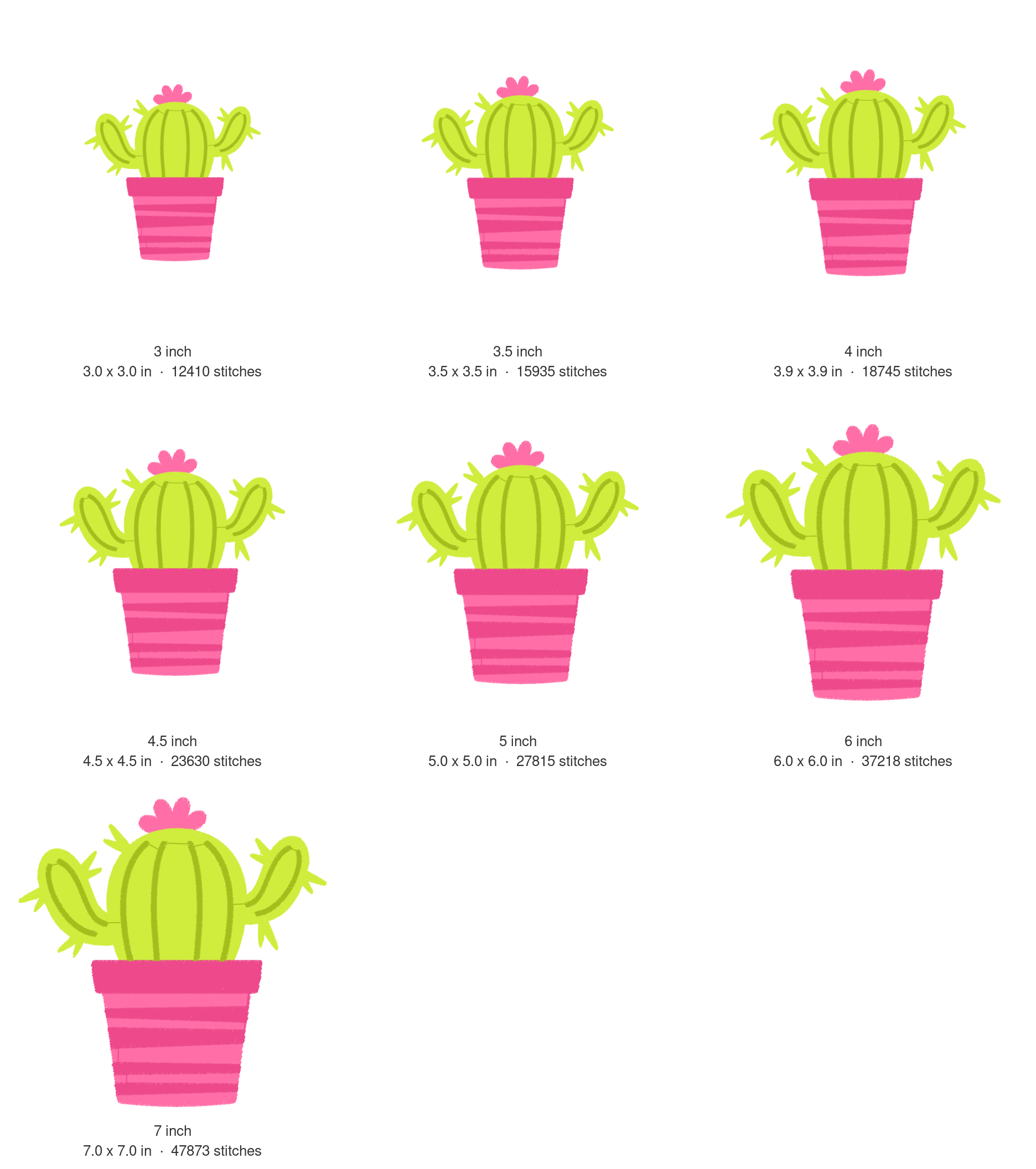 Cactus Machine Embroidery Design — size guide