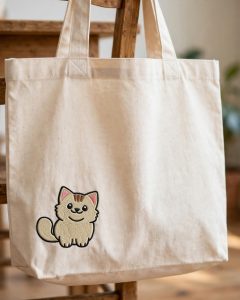 Cute Cat Machine Embroidery Design embroidered on a tote bag
