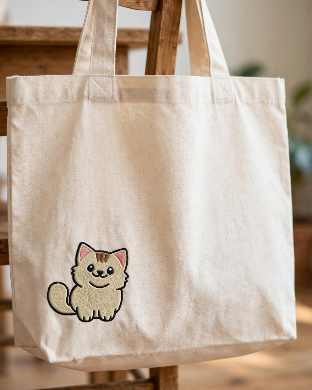Cute Cat Machine Embroidery Design embroidered on a tote bag