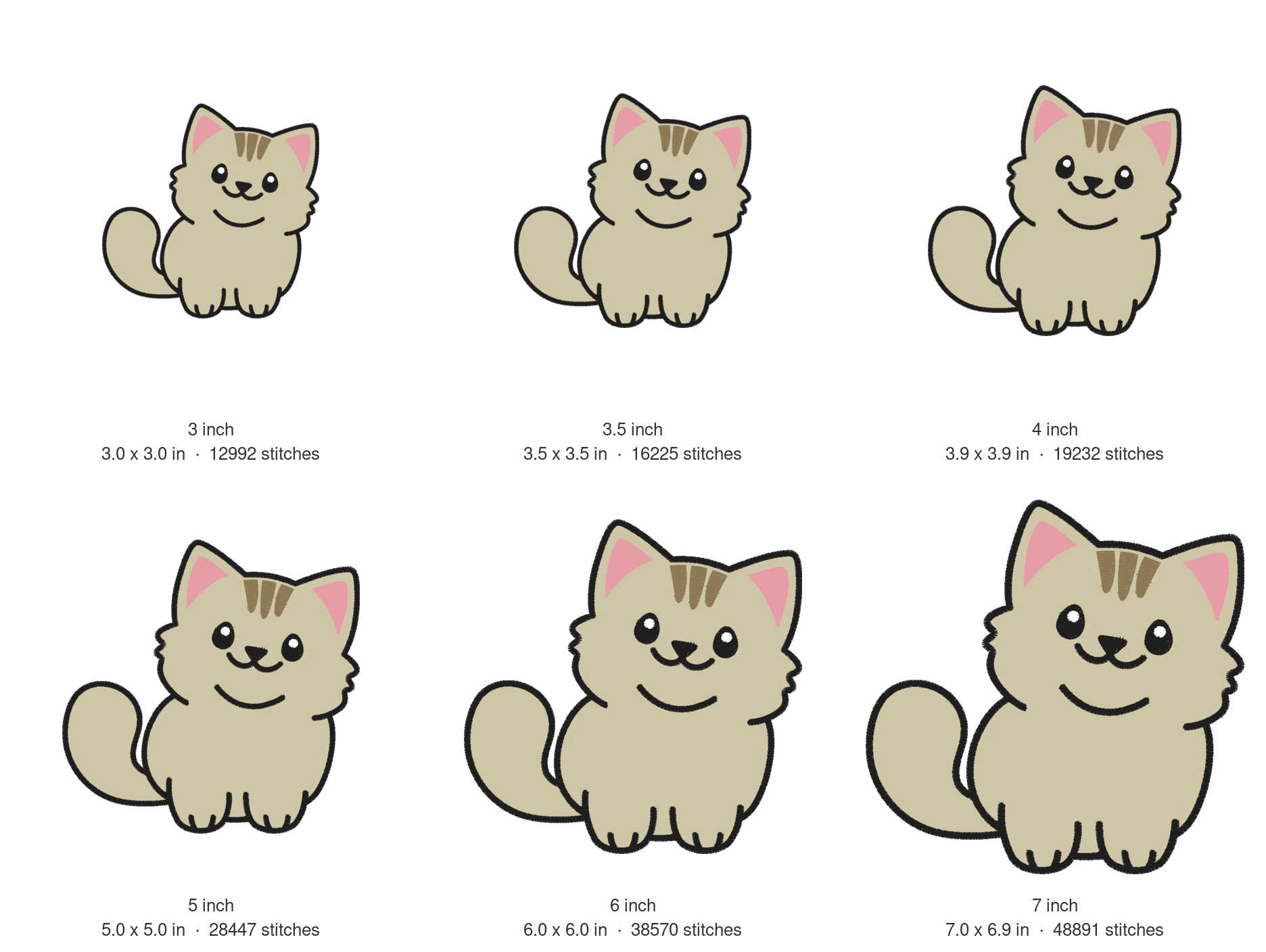 Cute Cat Machine Embroidery Design — size guide