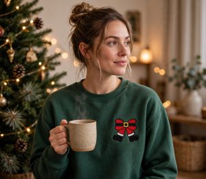 Christmas Santa Bow Machine Embroidery Design embroidered on a hoodie
