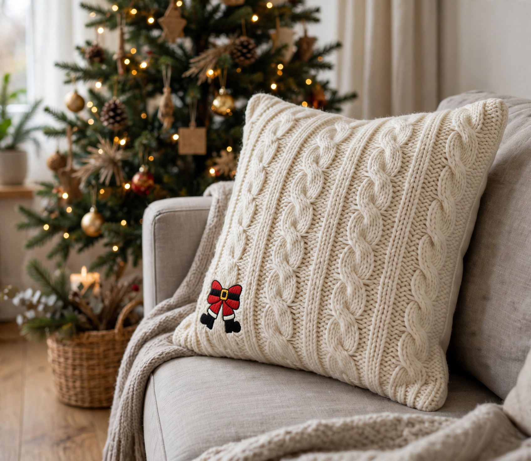 Christmas Santa Bow Machine Embroidery Design embroidered on a pillow