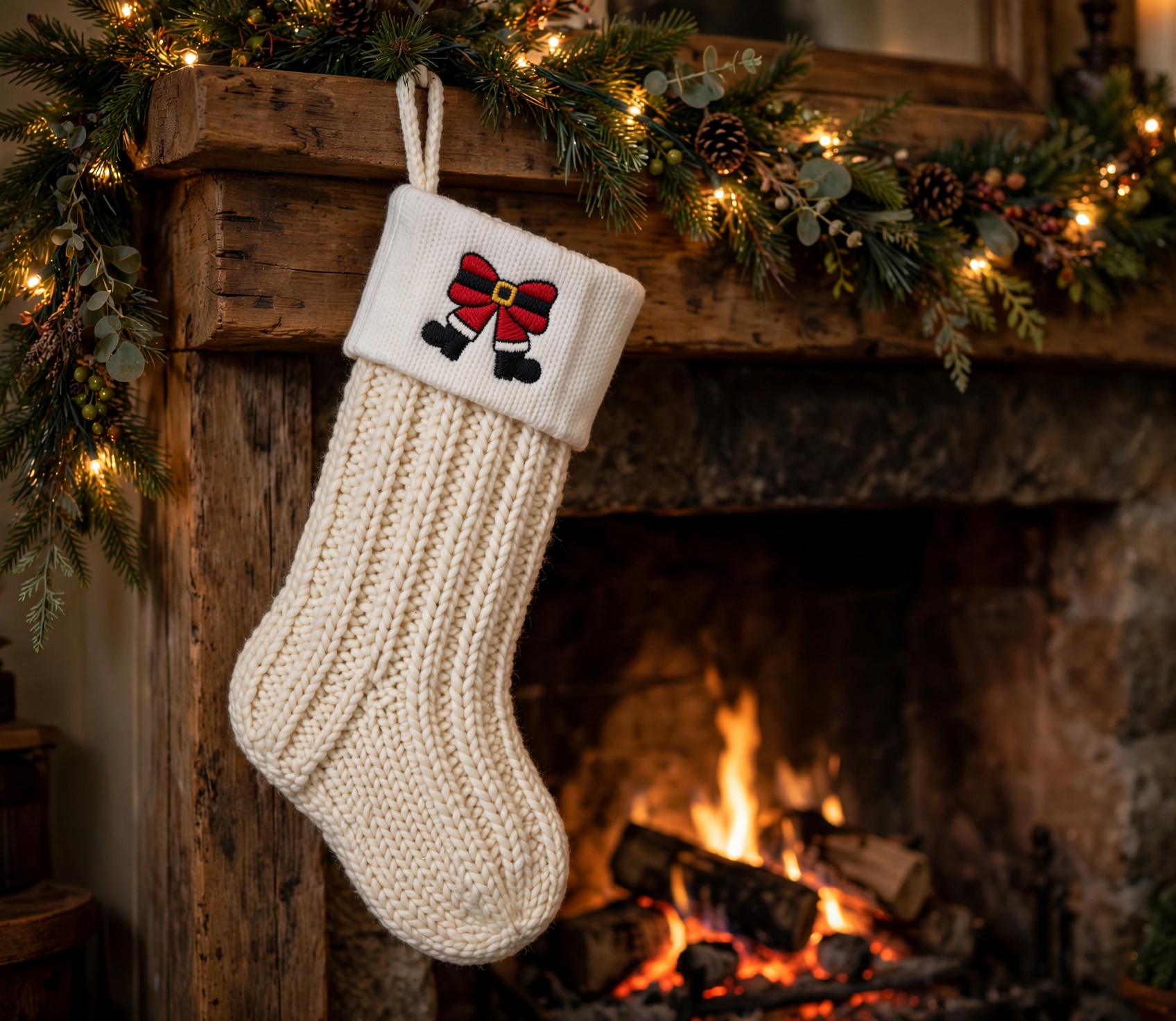 Christmas Santa Bow Machine Embroidery Design embroidered on a stocking