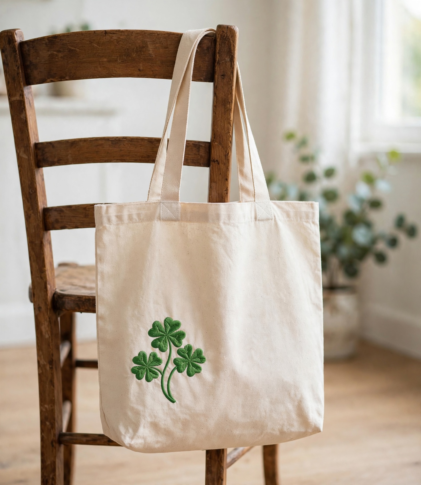 Four Leaf Clover Machine Embroidery Design embroidered on a tote bag