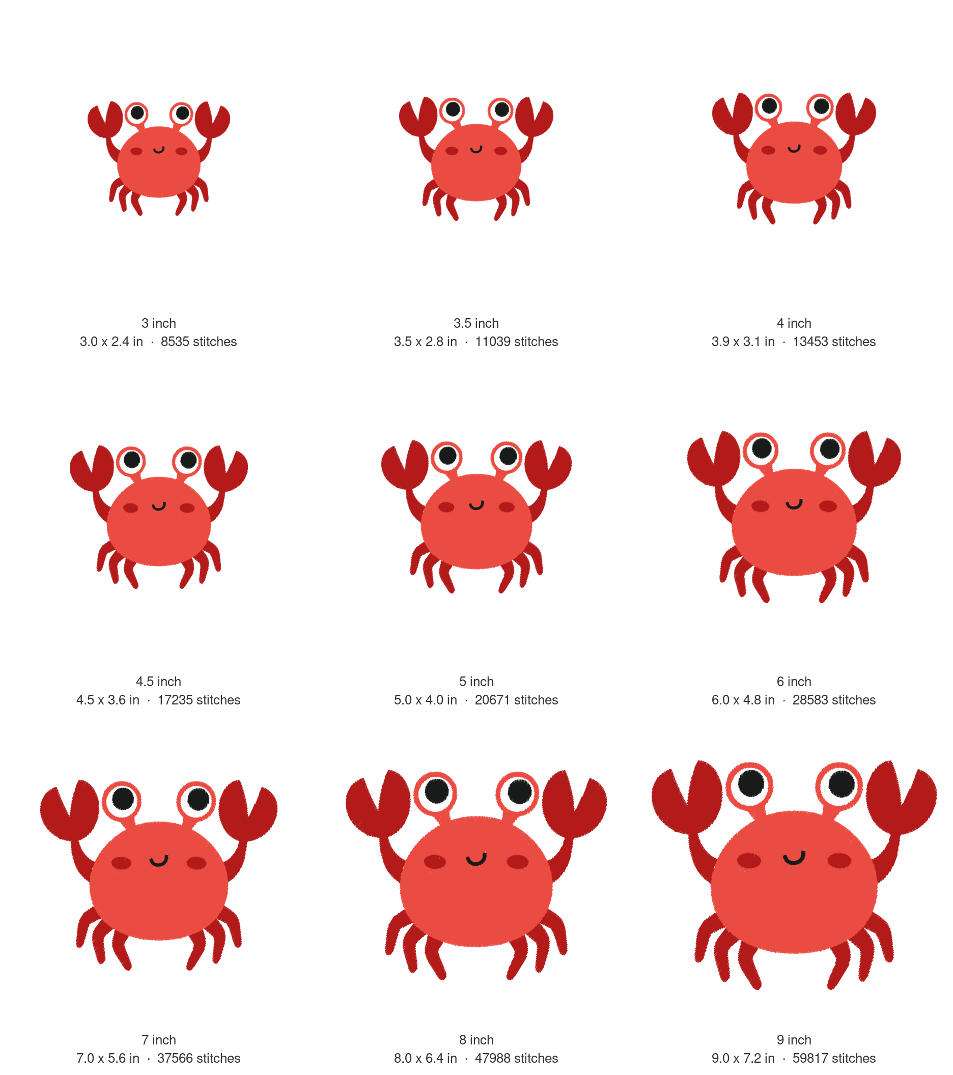Cute Crab Machine Embroidery Design — size guide