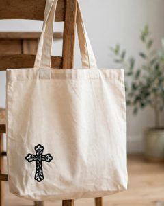 Leaf Cutout Cross Machine Embroidery Design embroidered on a tote bag