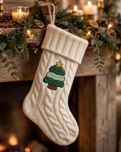 Chunky Christmas Tree Machine Embroidery Design embroidered on a stocking
