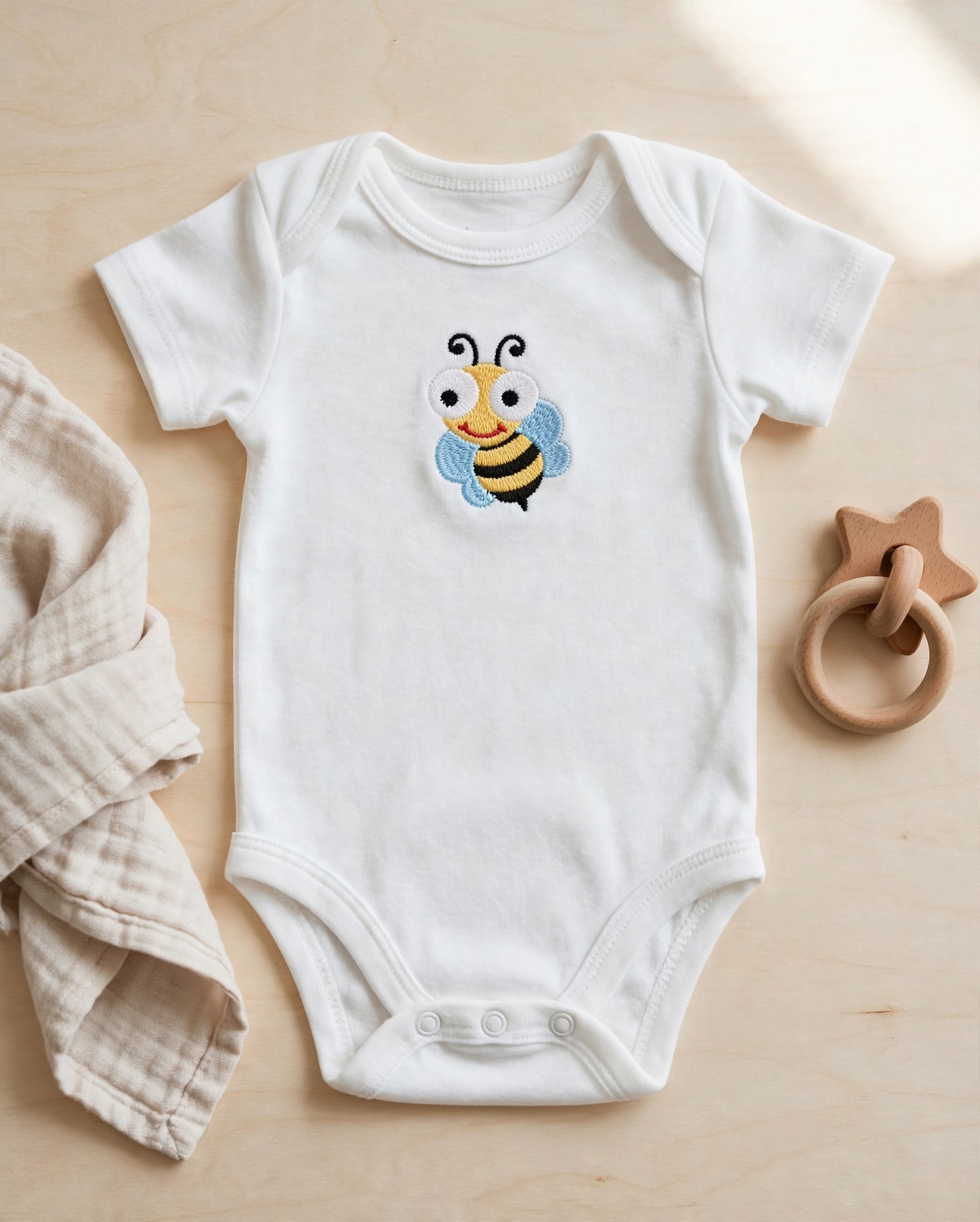 Cute Bee Machine Embroidery Design embroidered on a baby onesie