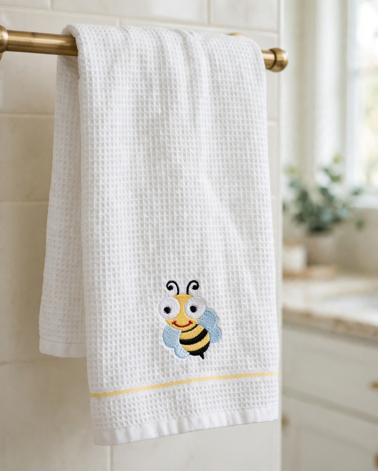 Cute Bee Machine Embroidery Design embroidered on a towel