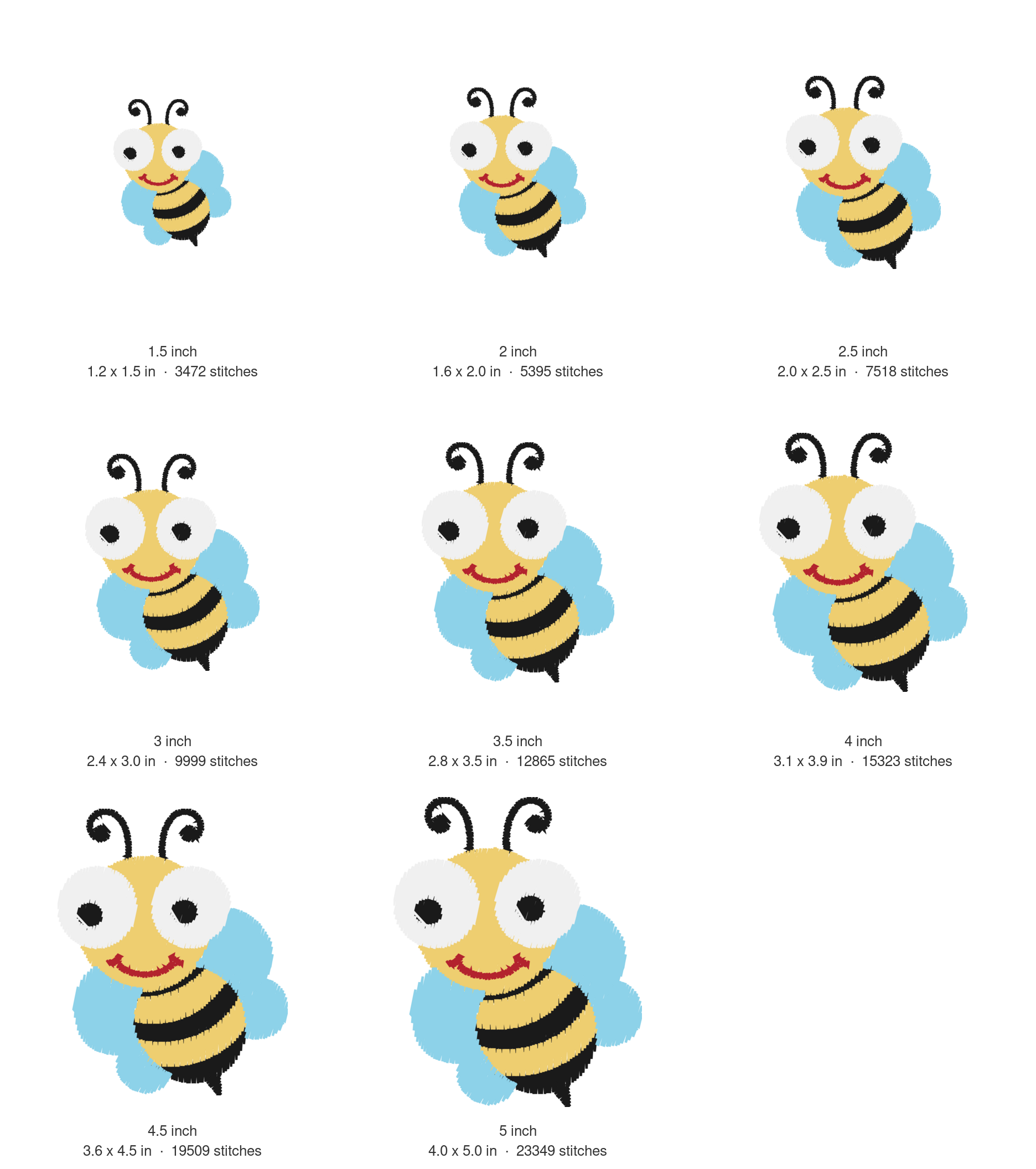 Cute Bee Machine Embroidery Design — size guide