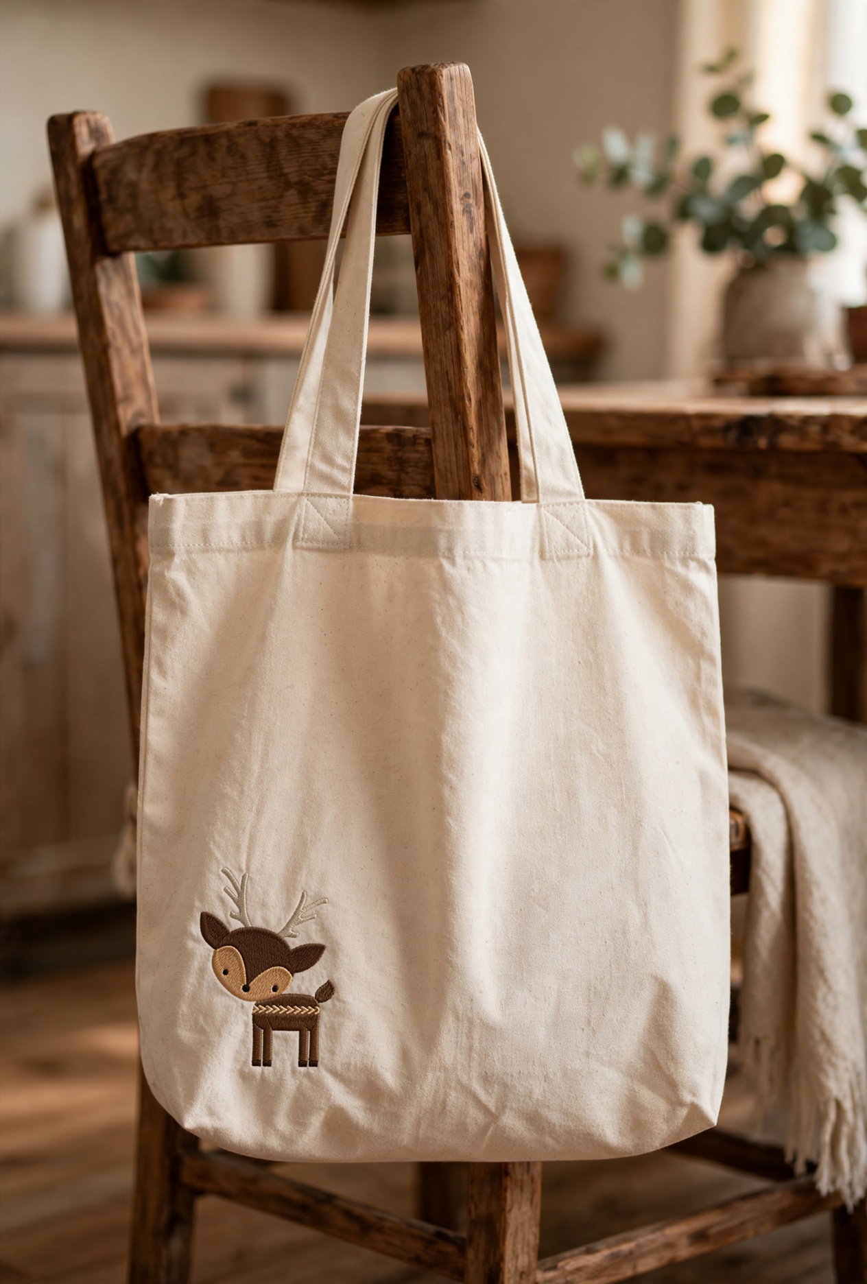Woodland Deer Machine Embroidery Design embroidered on a tote bag