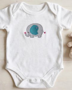 Elephant Machine Embroidery Design embroidered on a baby onesie