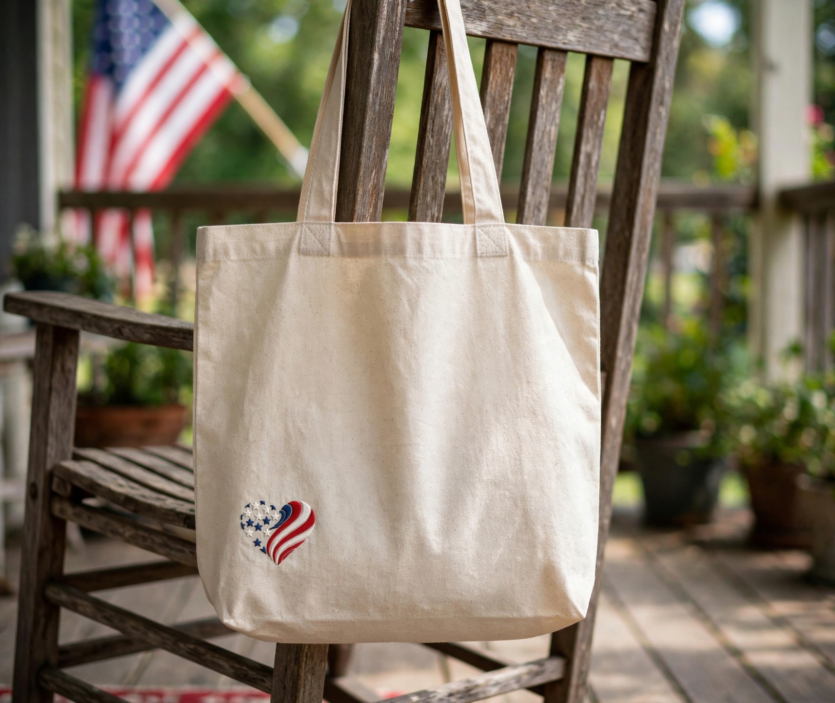 Flag Heart Machine Embroidery Design embroidered on a tote bag