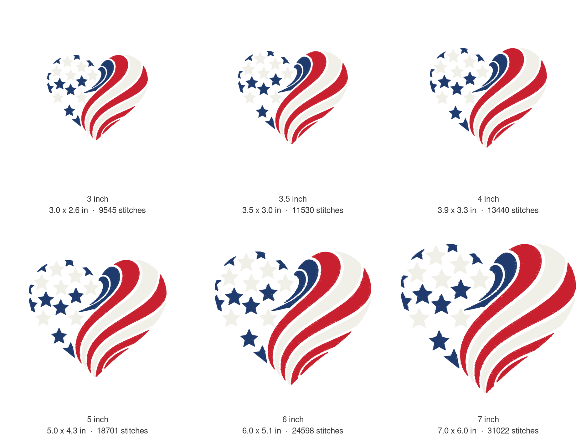 Flag Heart Machine Embroidery Design — size guide