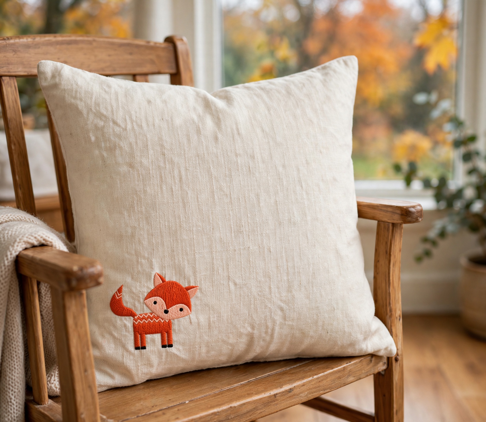 Woodland Fox Machine Embroidery Design embroidered on a pillow