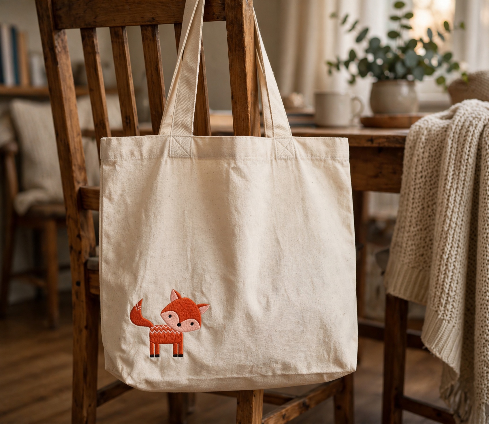 Woodland Fox Machine Embroidery Design embroidered on a tote bag