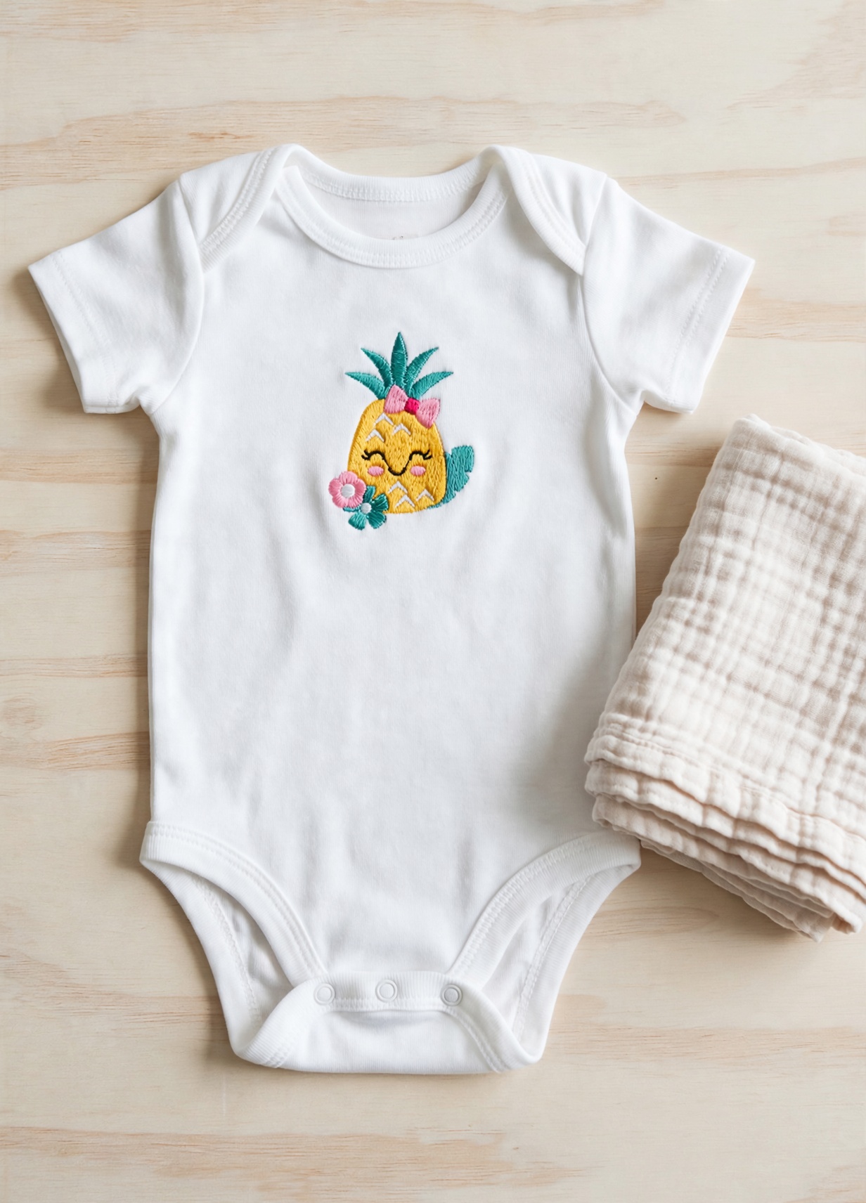 Happy Pineapple Machine Embroidery Design embroidered on a baby onesie