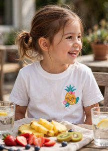 Happy Pineapple Machine Embroidery Design embroidered on a t-shirt
