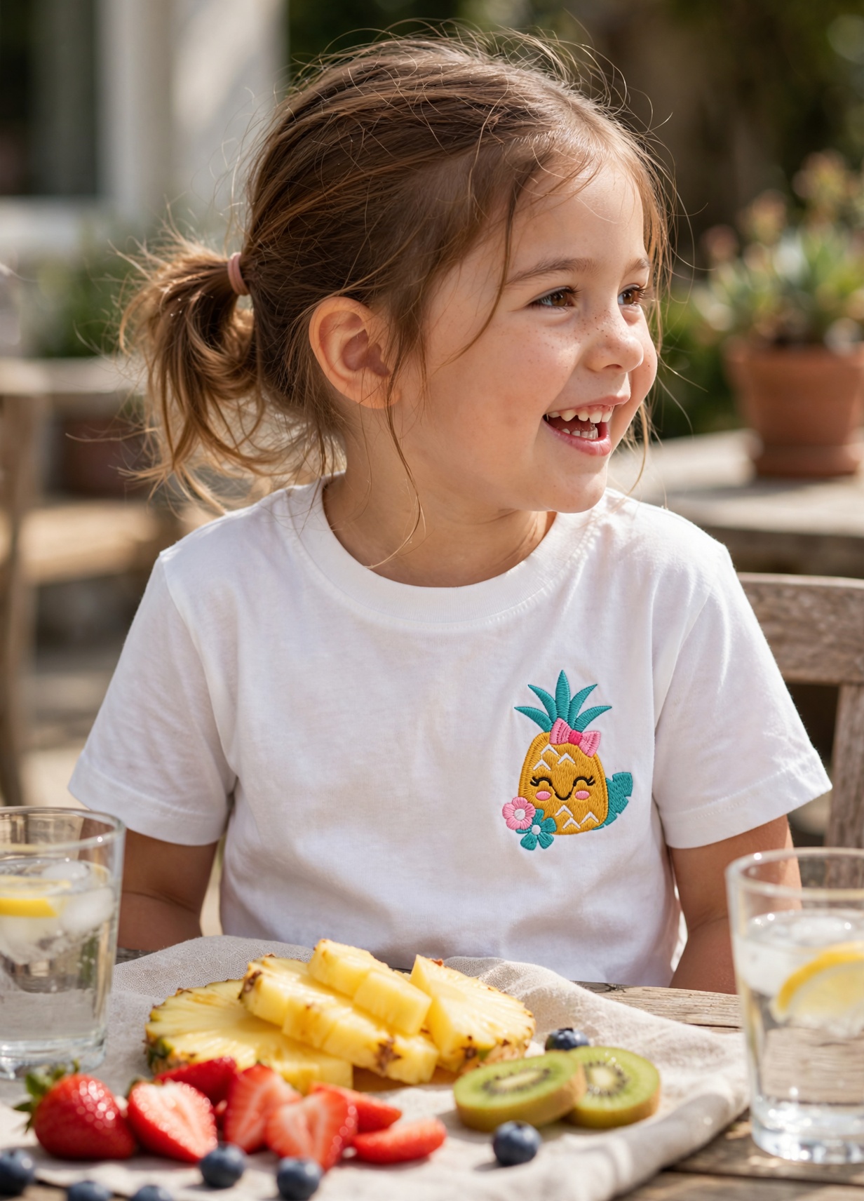 Happy Pineapple Machine Embroidery Design embroidered on a t-shirt