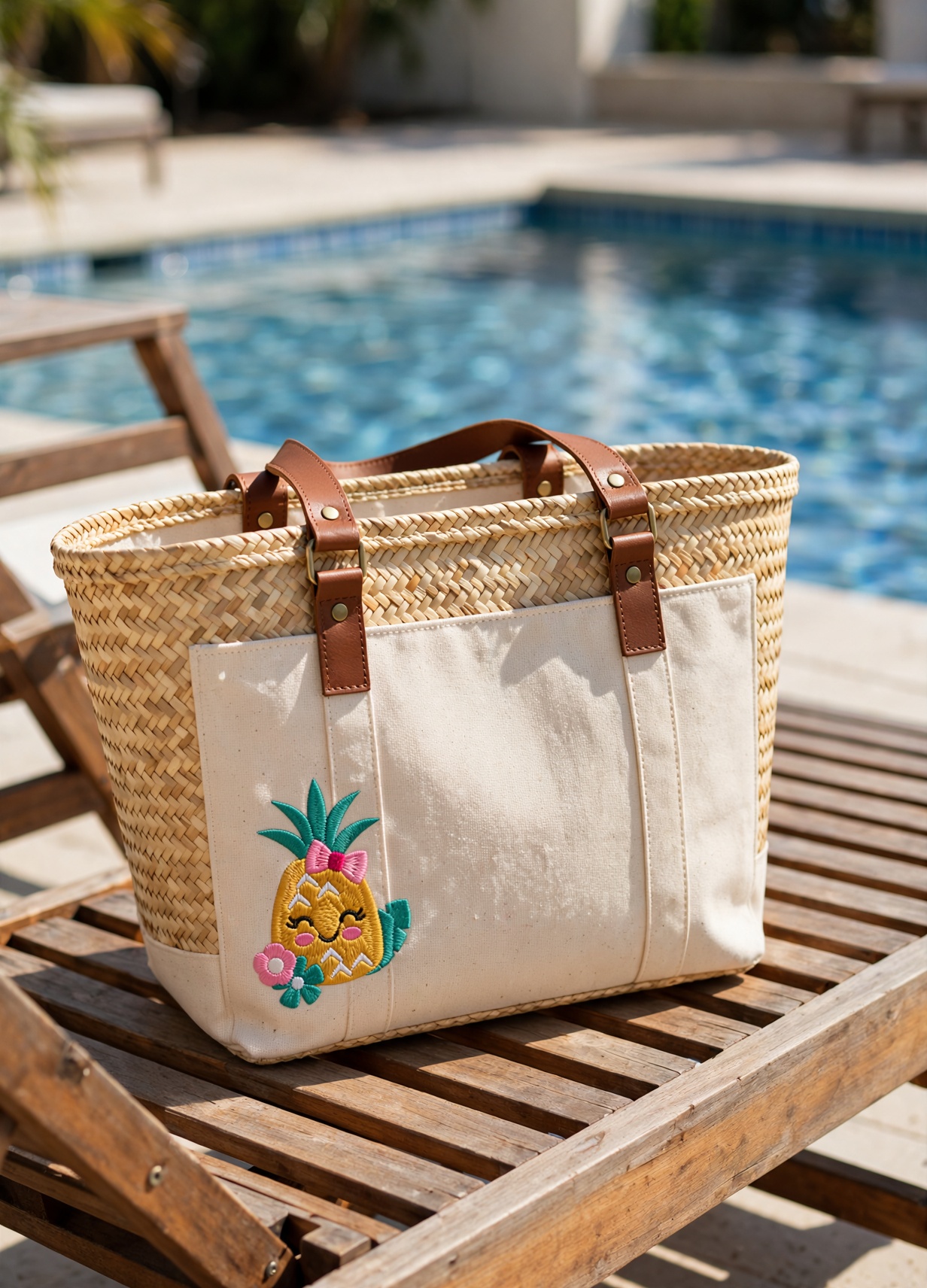 Happy Pineapple Machine Embroidery Design embroidered on a tote bag