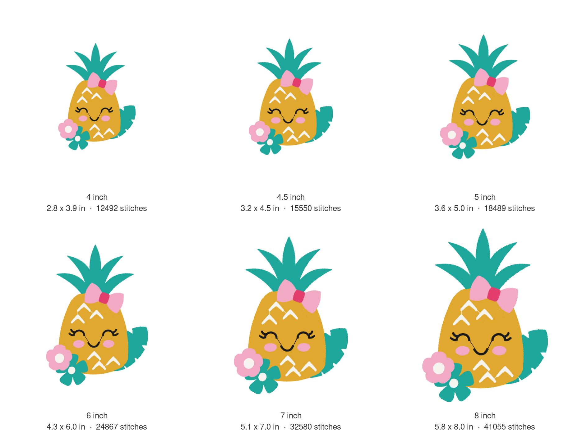 Happy Pineapple Machine Embroidery Design — size guide