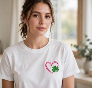 Heart Shamrock Machine Embroidery Design embroidered on a t-shirt