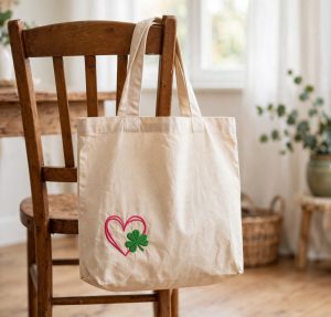 Heart Shamrock Machine Embroidery Design embroidered on a tote bag