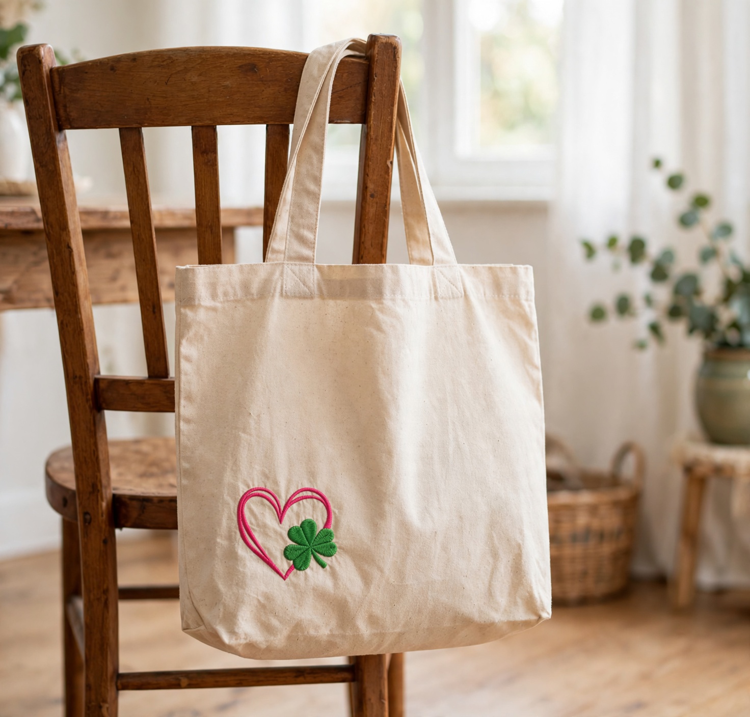 Heart Shamrock Machine Embroidery Design embroidered on a tote bag