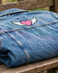 Winged Heart Machine Embroidery Design embroidered on a denim jacket